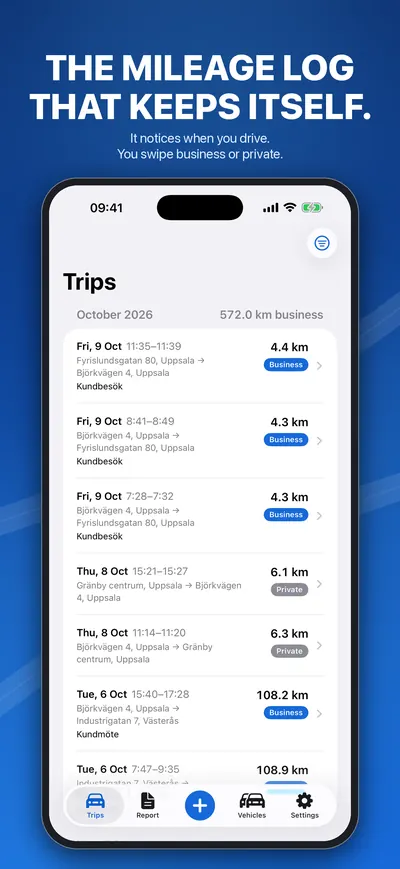 Trip list with automatically logged trips marked business or private