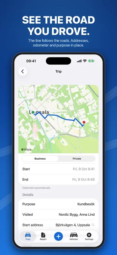 A trip on the map with addresses, purpose and the people visited