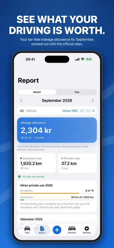 Report with the month's mileage allowance and business and private kilometres